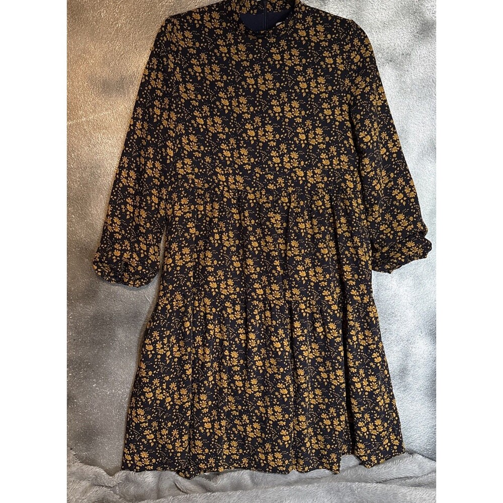 Paisley Navy Dress Sz 16  Mustard Floral Print Smocked Neck Zipper Lined Fall